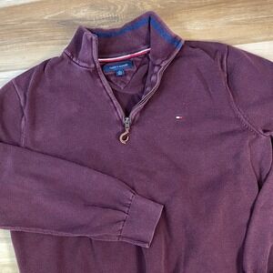 Tommy Hilfiger 1/4 Zip Sweater Mens XL Classic 100% Cotton Pullover Burgundy
